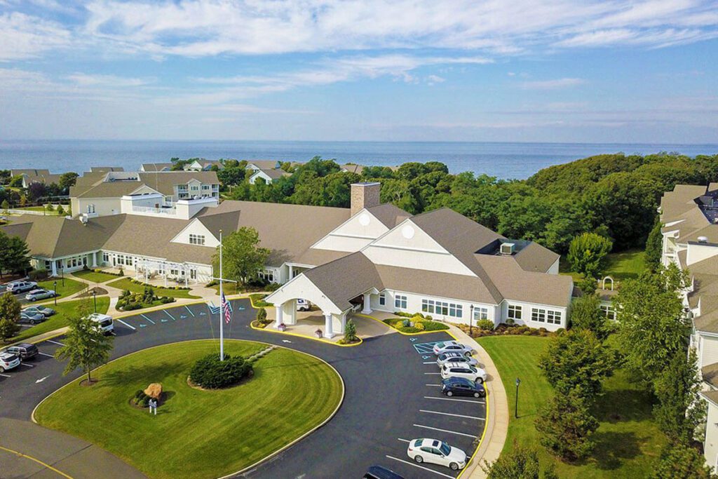 drone aerial view main building of senior living community